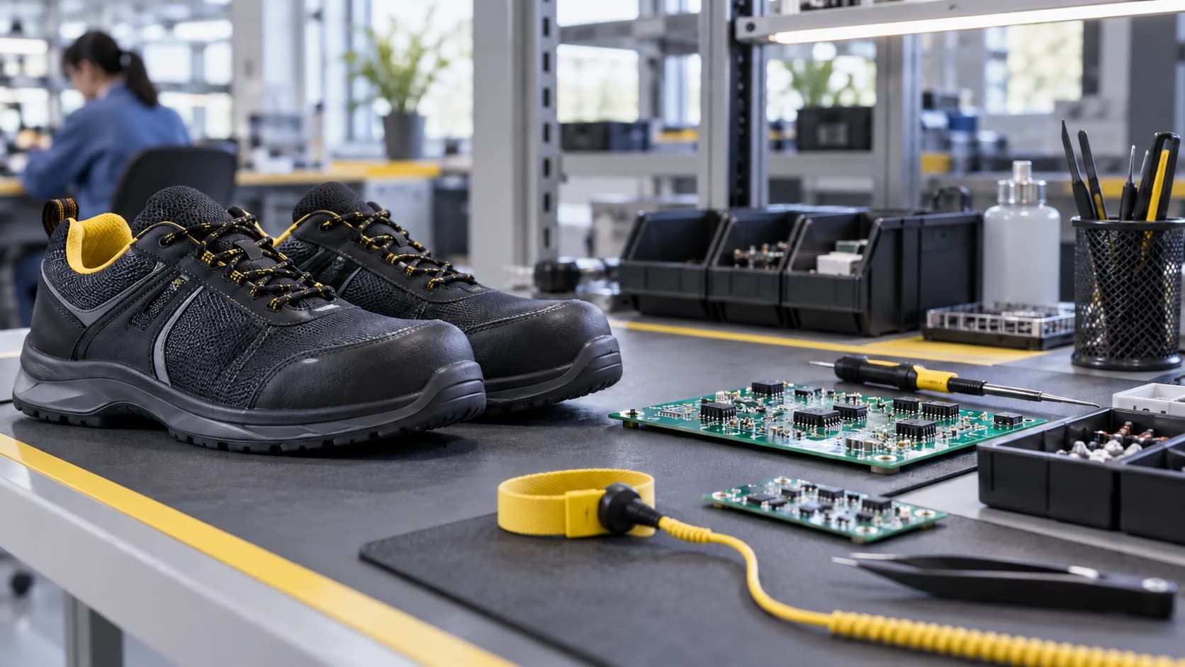 Elektronik montaj masasındaki bileşenlerin yanında etiketsiz iş ayakkabısı