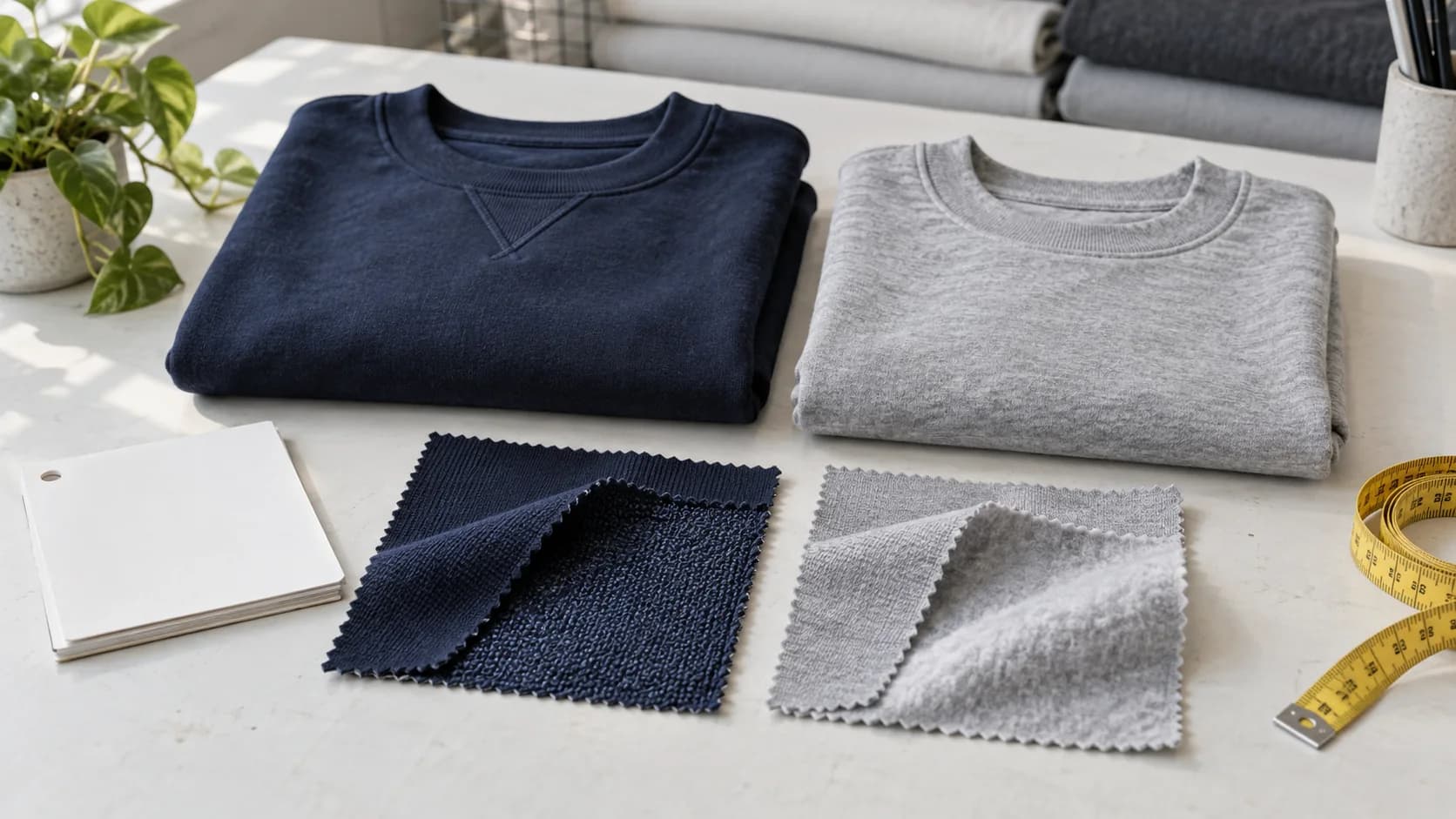 Katlanmış lacivert ve gri sweatshirtler, iç yüzleri açılmış kumaş numuneleri ve boş kayıt kartı
