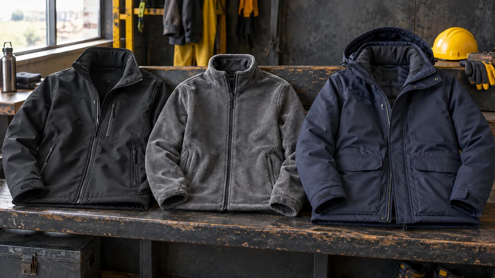 Numune masasında koyu softshell, gri polar ve lacivert montun yan yana görünümü